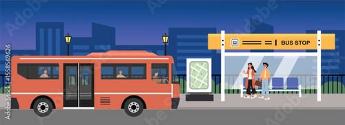 People waiting the bus at night. Bus shelter in the city. City night building. Bus pickup point.