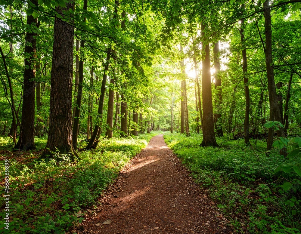 Fototapeta premium High-resolution summer forest trail with filtered sunlight through green leaves, slight haze in the air