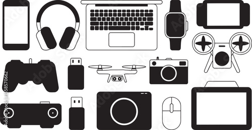 Black and White Icons of Modern Gadgets Smartphone Headphones Laptop Smartwatch Tablet Drone Camera Game