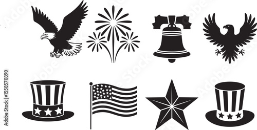 Black And White Patriotic Symbols Collection Eagle Fireworks Bell Uncle Sams Hat Star American Flag Graphics