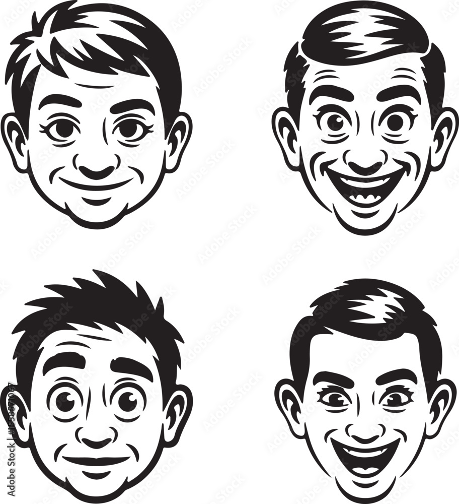 Four Black and White Male Silhouette Heads Displaying Different Expressions Joyful Surprised and Neutral Faces Simple Line Art Style Four Black and White Male Silhouette Heads Displaying Different Expressions Joyful Surprised and Neutral Faces Simple Line Art Style