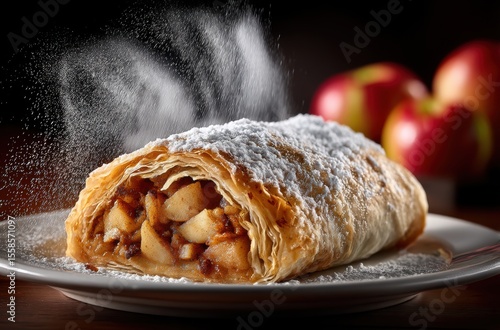 Delicious freshly baked apple strudel dusted with powdered sugar on a white plate with vibrant red apples in the background, perfect dessert for any occasion
