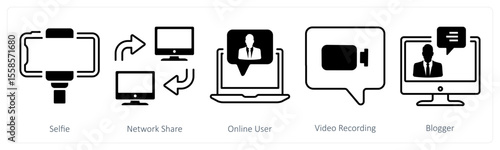 A set of 5 mix icons as selfie, network share, online user