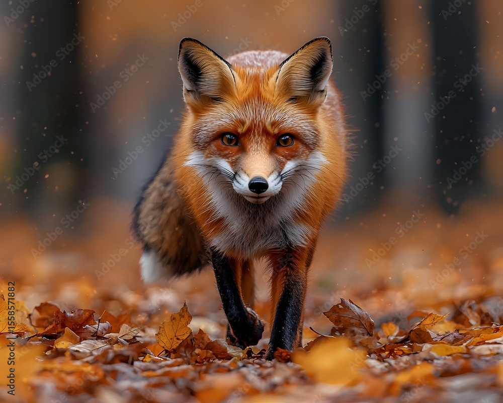 Fototapeta premium Red fox traversing an autumn forest path