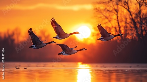 Fototapeta Naklejka Na Ścianę i Meble -  Geese flying in a perfect V formation at sunset in autumn