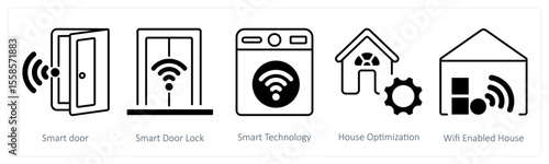 A set of 5 mix icons as smart door, smart door lock, smart technology