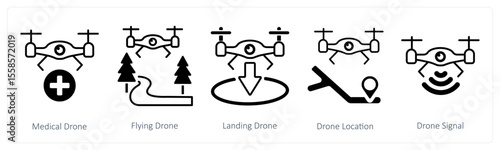 A set of 5 mix icons as medical drone, flying drone, landing drone