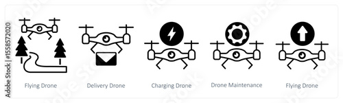 A set of 5 mix icons as flying drone, delivery drone, charging drone