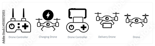 A set of 5 mix icons as drone controller, charging drone, delivery drone
