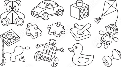 Collection of Black and White Line Drawings of Childrens Toys Including Teddy Bear Car Puzzle Pieces Robot and Kite