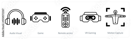 A set of 5 mix icons as audio visual, game, remote access
