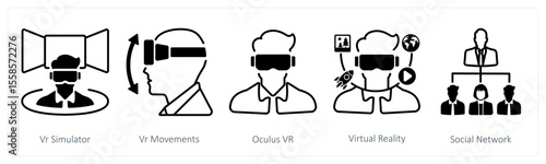A set of 5 mix icons as vr simulator, vr movements, oculus vr