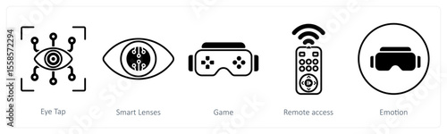 A set of 5 mix icons as eye tap, smart lenses, game