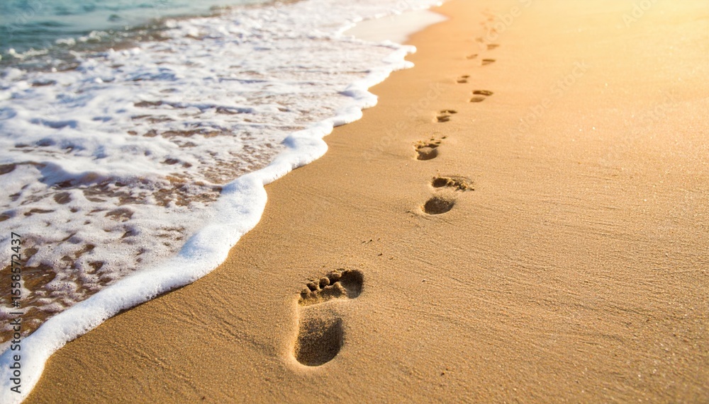 Footprints In Golden Sand At Beach Sunset Footprints In Golden Sand At Beach Sunset