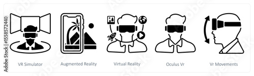 A set of 5 mix icons as vr simulator, augmented reality, virtual reality