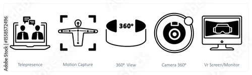 A set of 5 mix icons as telepresence, motion capture, 360 view