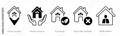 A set of 5 mix icons as house location, home insurance, eco house