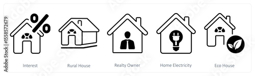 A set of 5 mix icons as interest, rural house, realty owner