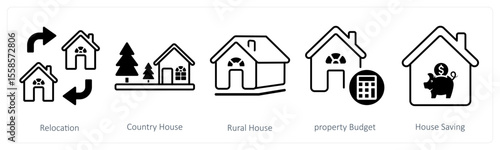 A set of 5 mix icons as relocation, country house, rural house