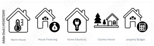 A set of 5 mix icons as warm house, house financing, home electricity