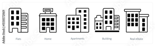 A set of 5 mix icons as flats, home, apartments