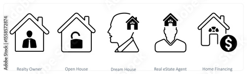 A set of 5 mix icons as realty owner, open house