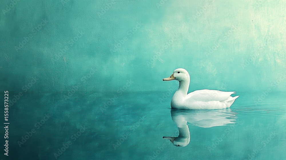 Obraz premium Serene white duck swimming on calm teal water, reflecting its image.