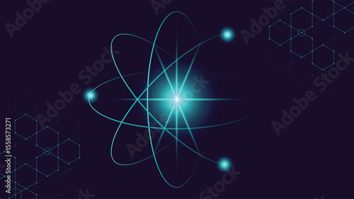 Glowing atomic structure background with blue particles and light trails perfect for science technology digital art physics themes and modern futuristic designs for creative projects