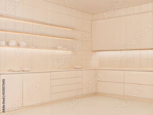 A hyperrealistic, clean view of a modern minimalist kitchen featuring smooth peach-toned cabinets, tiled backsplash, open shelving with white dishware, and subtle integrated under-cabinet lighting.