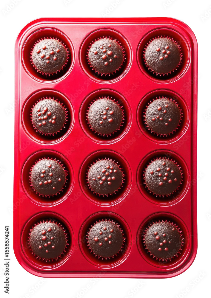 Fototapeta premium chocolate cupcakes in a red baking tray, top view.