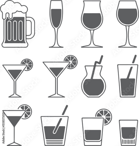 Gray Silhouette Icons of Various Alcoholic Beverages Including Beer Mug Champagne Flute Wine Glasses Martini Glasses Cocktail Glass Shot Glass