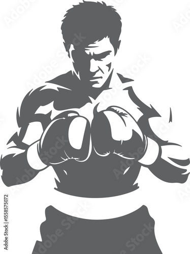 Gray Silhouette of a Boxer Ready to Fight Wearing Boxing Gloves Intense Focused Expression Muscular Build Powerful Stance