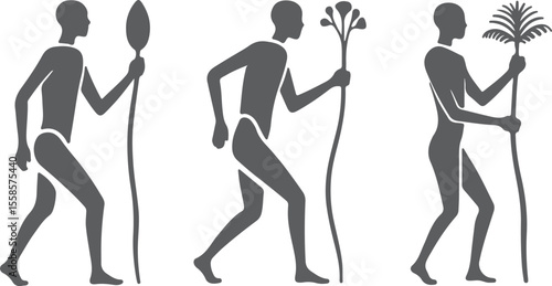 Three Gray Silhouettes of Prehistoric Humans Walking Carrying Various Objects Spear Plant Palm Frond Tribal Ancient People Silhouette Illustration