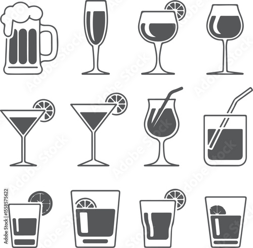 Twelve Gray Silhouette Icons of Alcoholic Beverages Beer Glass Champagne Flute Wine Glass Cocktail Martini Glass Hurricane Glass Highball Glass