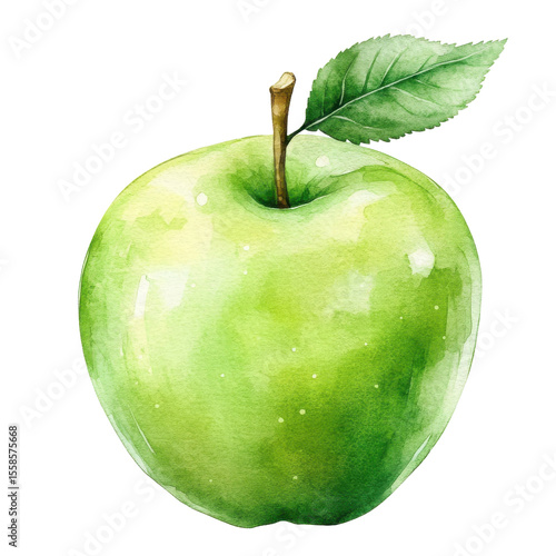 green apple watercolor illustration on white background.