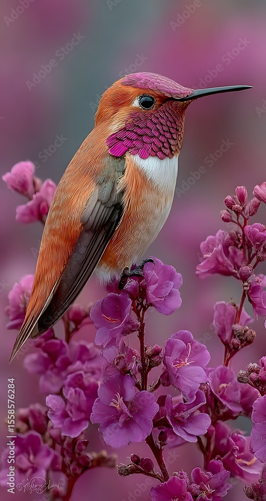 Fototapeta premium Hummingbird flying and feeding on a flower in a natural garden setting