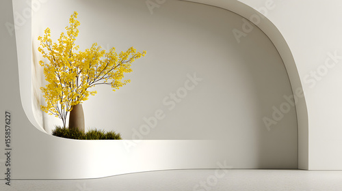 Fototapeta Naklejka Na Ścianę i Meble -  Minimalist 3d render of a curved white wall and a single plant creating a clean modern composition with soft light and architectural balance