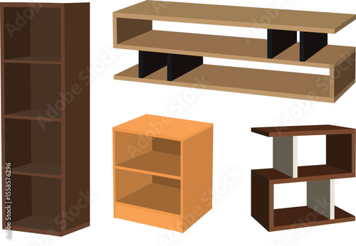 Modern isometric wooden furniture collection for home interior and decoration