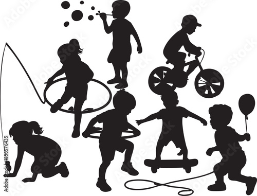 Diverse group of children playing and enjoying various outdoor activities in silhouette