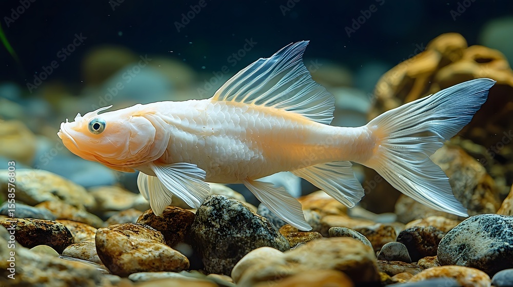Obraz premium Albino catfish resting near river rocks under soft lighting