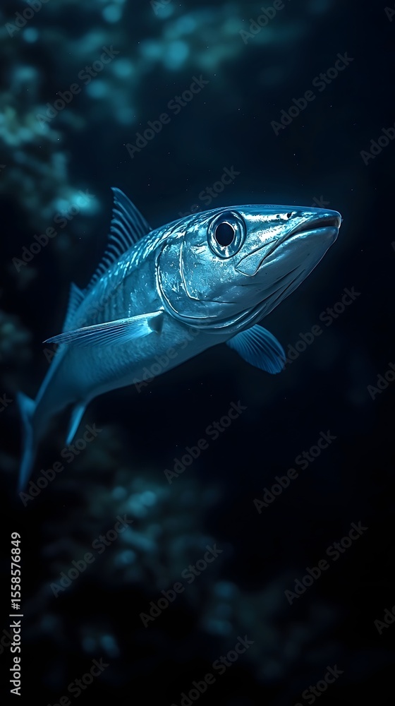 Fototapeta premium A solitary barracuda gliding through the deep dark waters