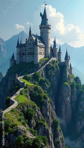 Wallpaper Mural Majestic Mountaintop Fortress An Ancient Stone Stronghold overlooking a Vast Kingdom. Ideal for Fantasy, Medieval, Historical, and Royalty Concepts. Torontodigital.ca