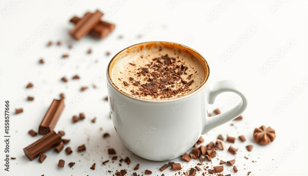 Fototapeta premium A steaming cup of coffee topped with chocolate shavings on a pristine white background, graphic, minimal