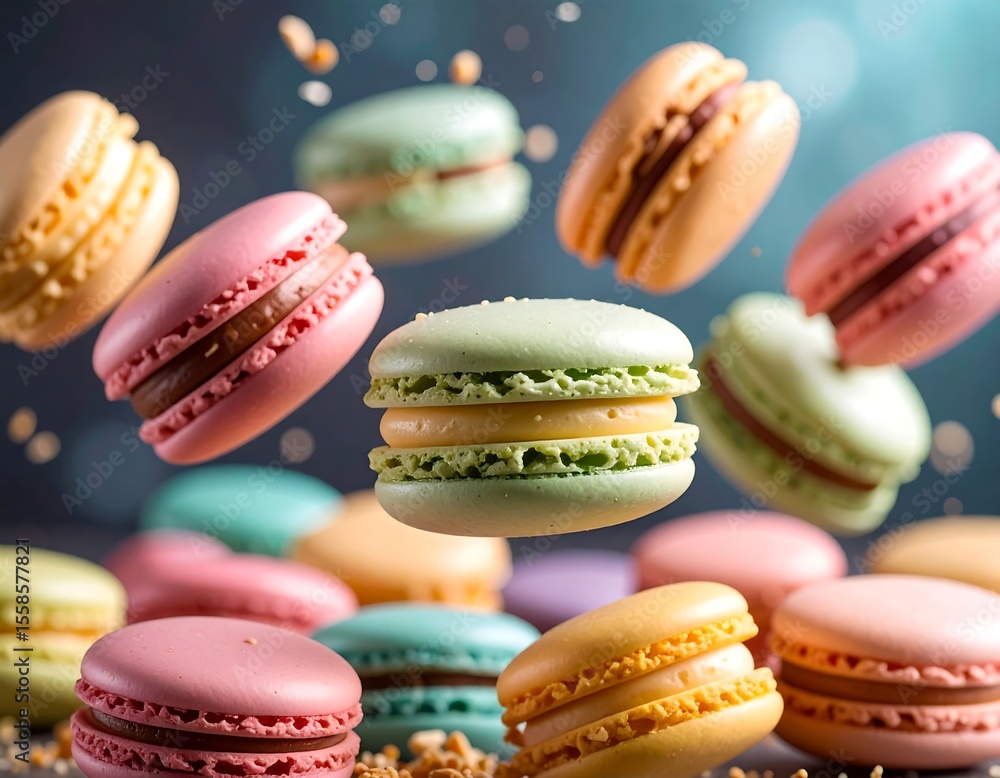 Colorful macarons in mid-air Colorful macarons in mid-air