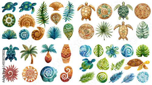 Tropical watercolor set featuring turtles, palm leaves, shells, and ocean-inspired elements, perfect for summer designs and beach-themed decor.

