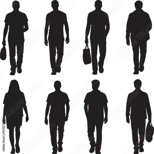 Eight Black Silhouettes of People Walking Carrying Bags Some Facing Forward Others Backwards on White Background