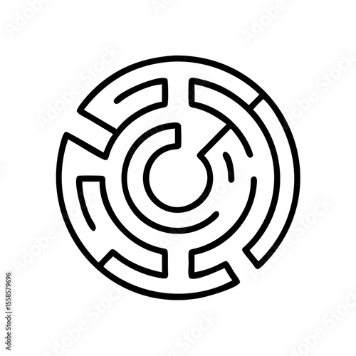 Circular maze illustration. Intricate labyrinth design with complex pathways.  Simple maze puzzle for games, websites, or educational materials.