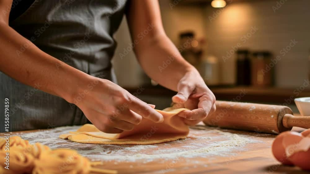 Hands skillfully preparing fresh pasta in a cozy kitchen, with flour scattered and ingredients nearby Hands skillfully preparing fresh pasta in a cozy kitchen, with flour scattered and ingredients nearby