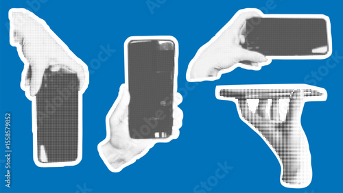 Female hand holding phone in different variations with halftone effect. Using smartphone set of illustrations for collage. Retro pop art style elements, vector graphics