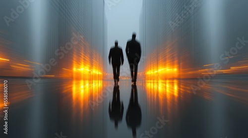 Two men walking between tal...